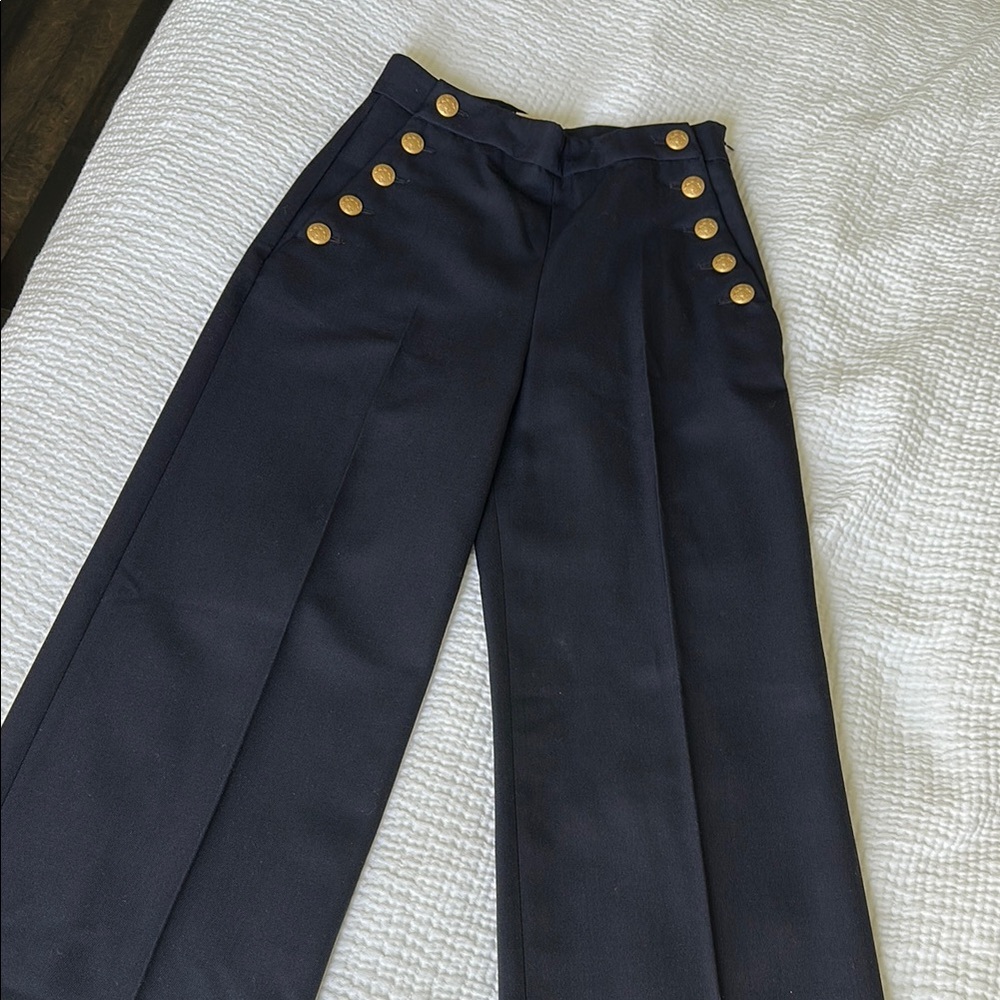 Sezane Navy Wide-Leg Pants with Gold Buttons Sz 36